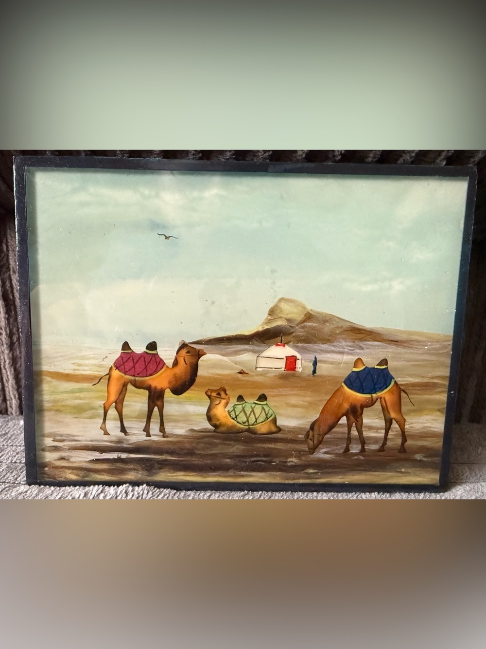VTG Reversed Glass Mongolian Painting Camel Caravan Wall Art Village